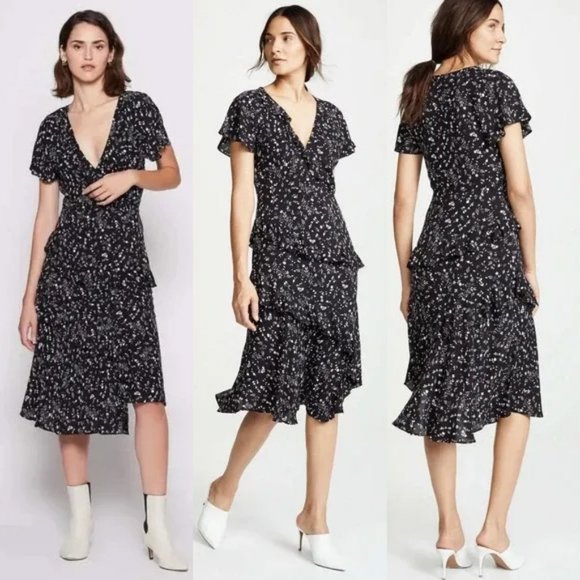 Joie Orita Midi Dress Size 2 Caviar Black White Floral Asymmetric Ruffles $348 - Picture 16 of 16